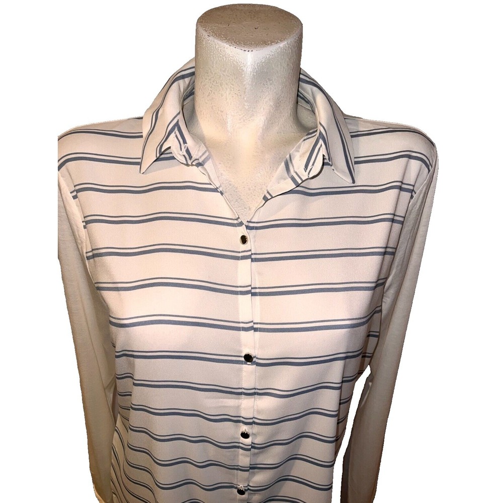 Ann Taylor Striped Button Up Shirt Women's Size L Long Sleeve Collared Top Blue - Picture 2 of 9